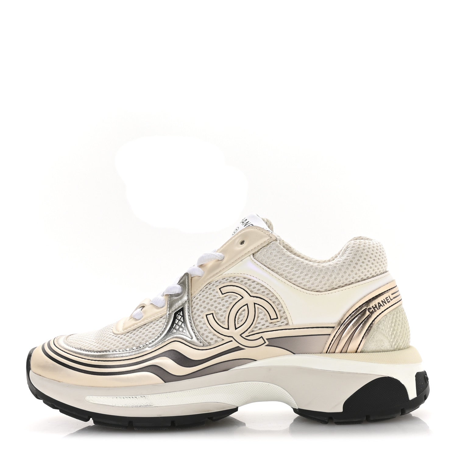 Chanel Fabric Laminated Calfskin Stretch CC Sneakers 37 Ivory White Silver 1 of 9