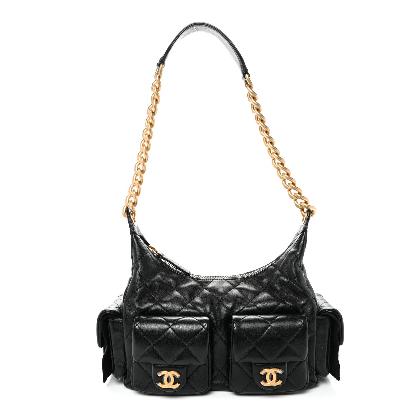Shiny Lambskin Quilted Trendy Pockets Hobo Black