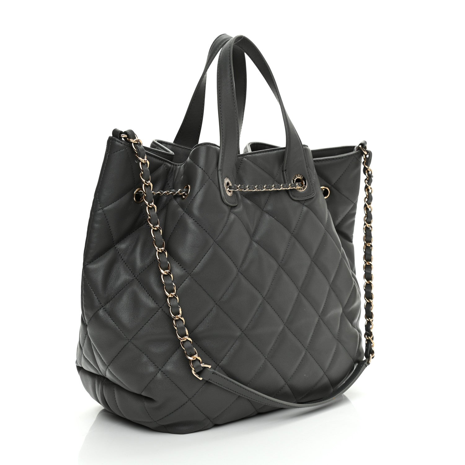 Chanel Lambskin Quilted CC Dweller Drawstring Tote Grey 3 of 10