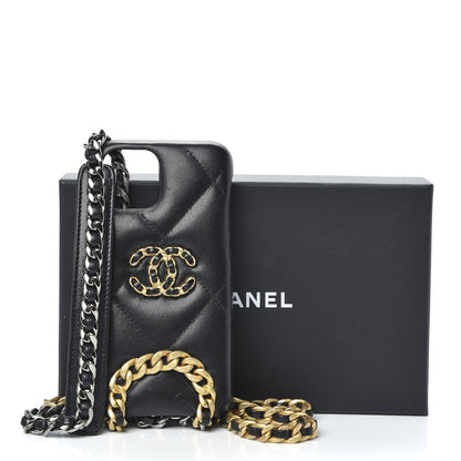 Chanel Shiny Goatskin Quilted 19 iPhone XI Pro Holder With Chain Black 7 of 7