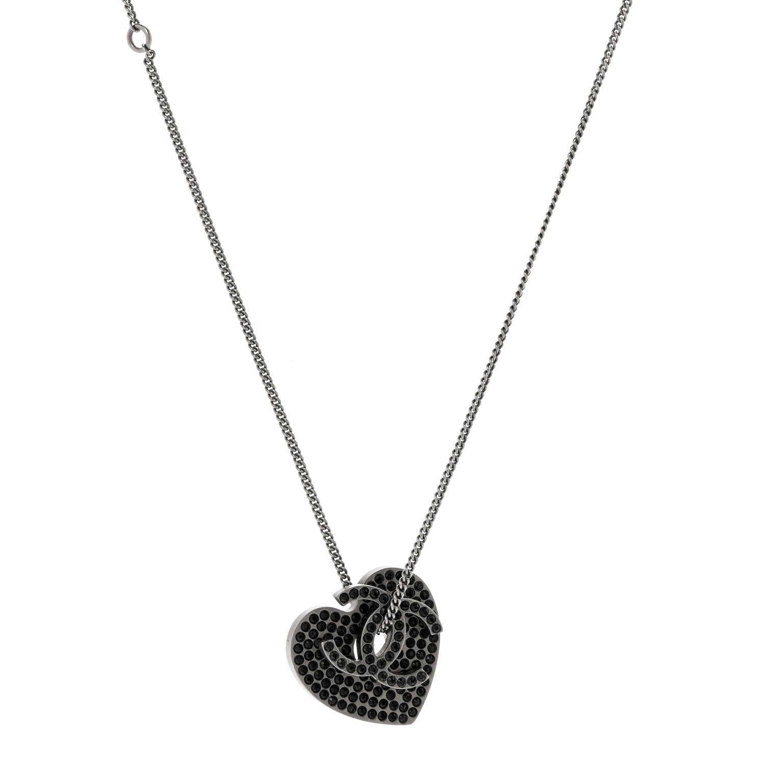 Chanel Ruthenium Crystal CC Heart Charm Necklace Black 1 of 5