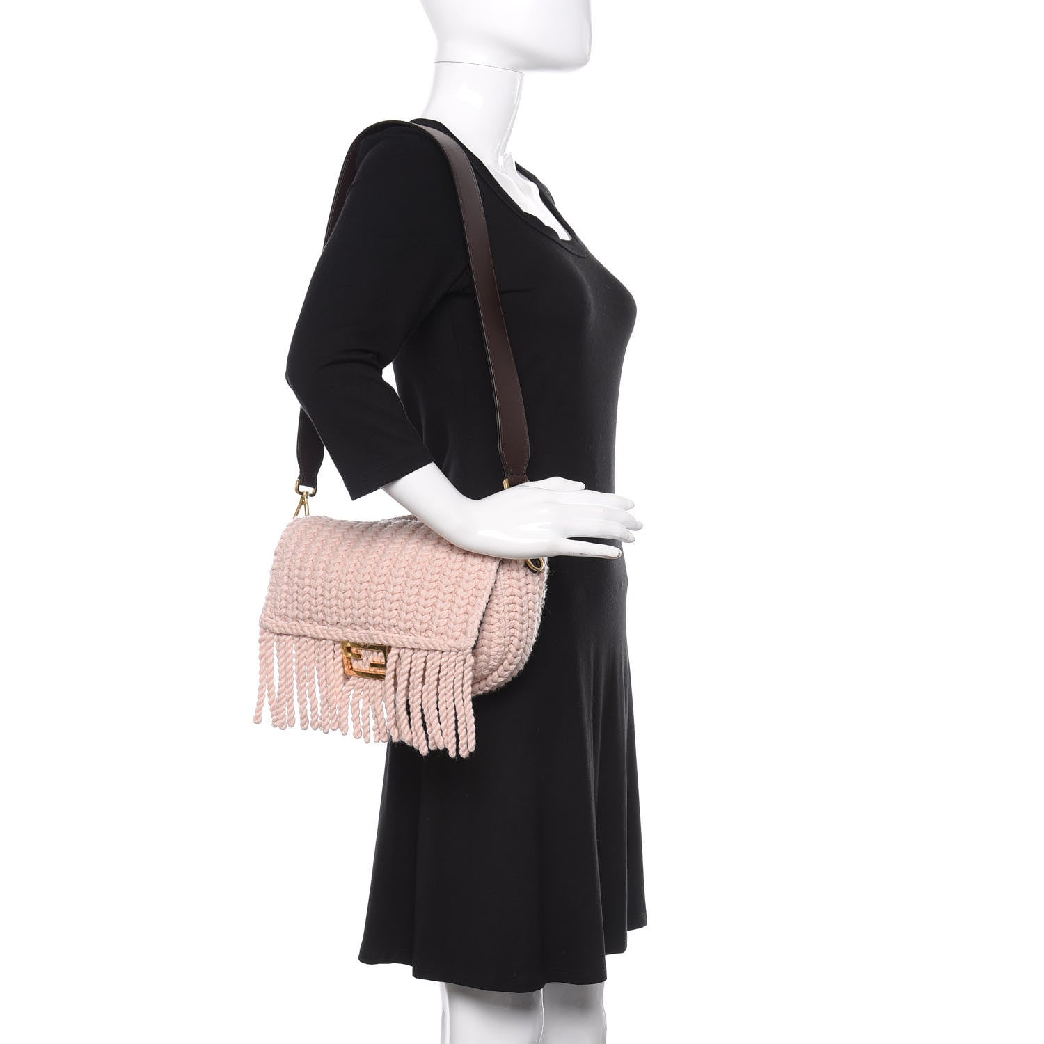 Fendi Wool Vitello Seta Woven Fringe Baguette Rosa Quarzo Ebano 2 of 10