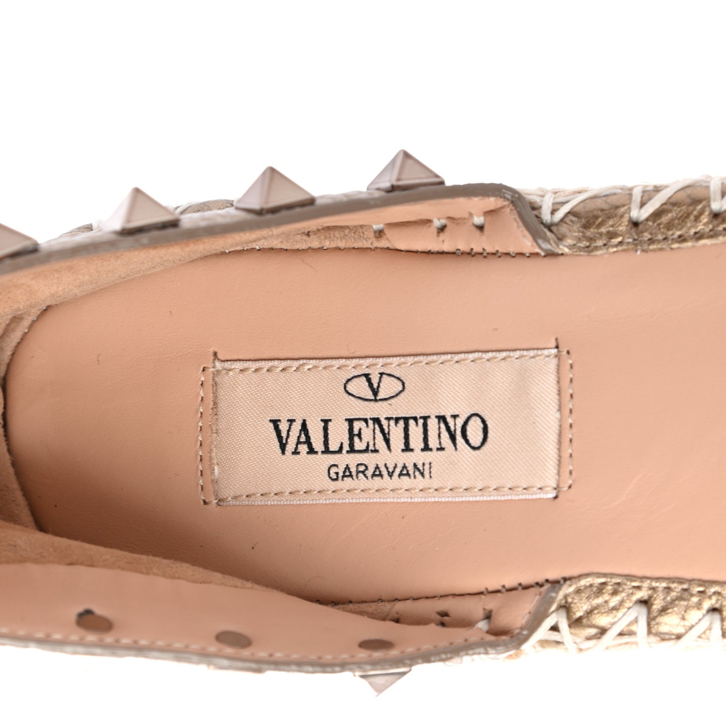 Metallic Grained Calfskin Rockstud Ankle Wrap Espadrille 20mm Flats 37 Skin Natural