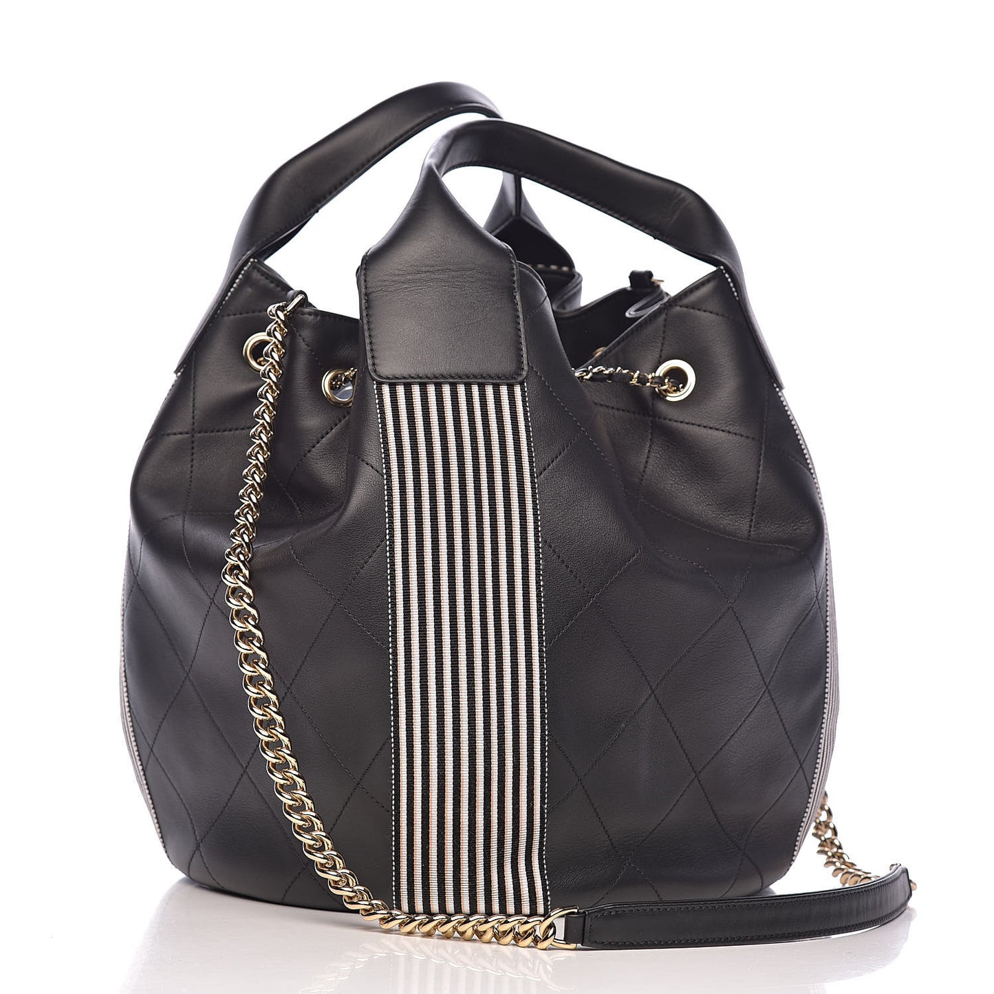 Calfskin Stitched Striped CC Drawstring Bag Black