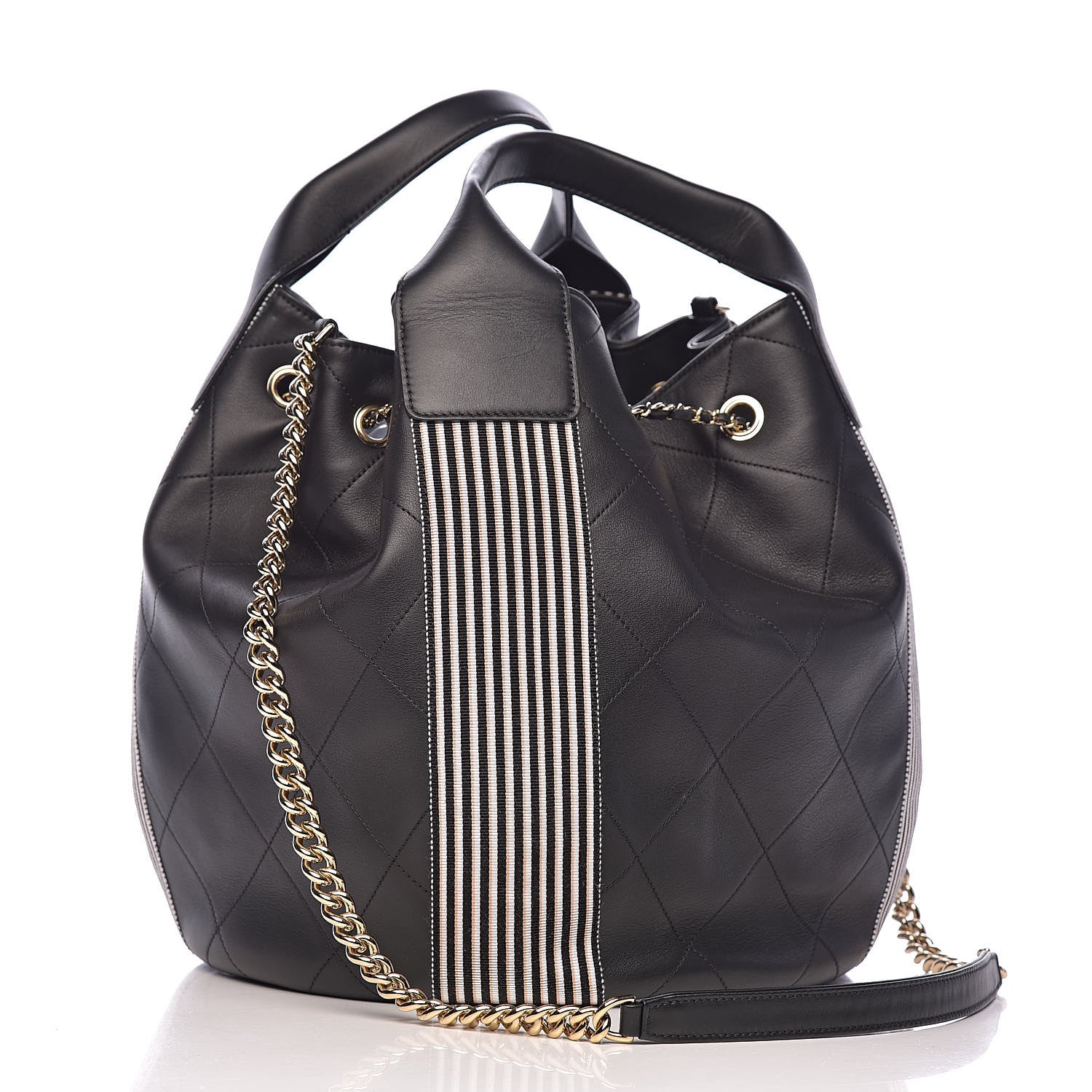 Chanel Calfskin Stitched Striped CC Drawstring Bag Black 3 of 11