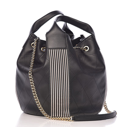 Chanel Calfskin Stitched Striped CC Drawstring Bag Black 3 of 11