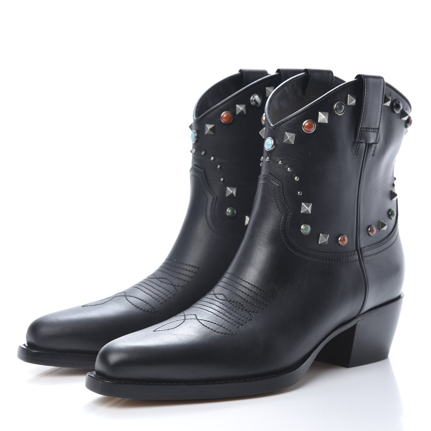 Calfskin Rockstud Rolling Cowboy Ankle Boots 40 Black