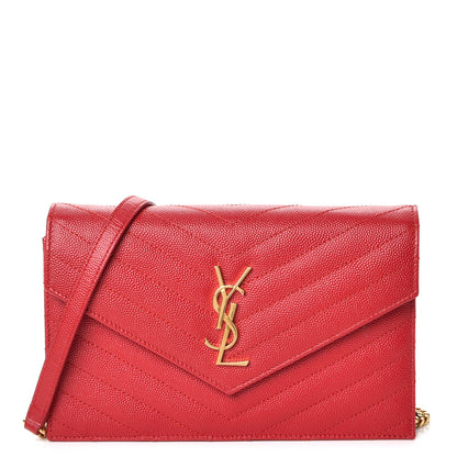 Saint Laurent Grain De Poudre Matelasse Chevron Monogram Envelope Chain Wallet New Red 1 of 9