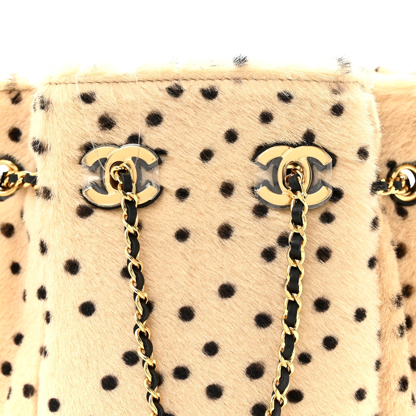 Pony Hair Cheetah Printed CC Chain Bucket Bag Light Beige Black