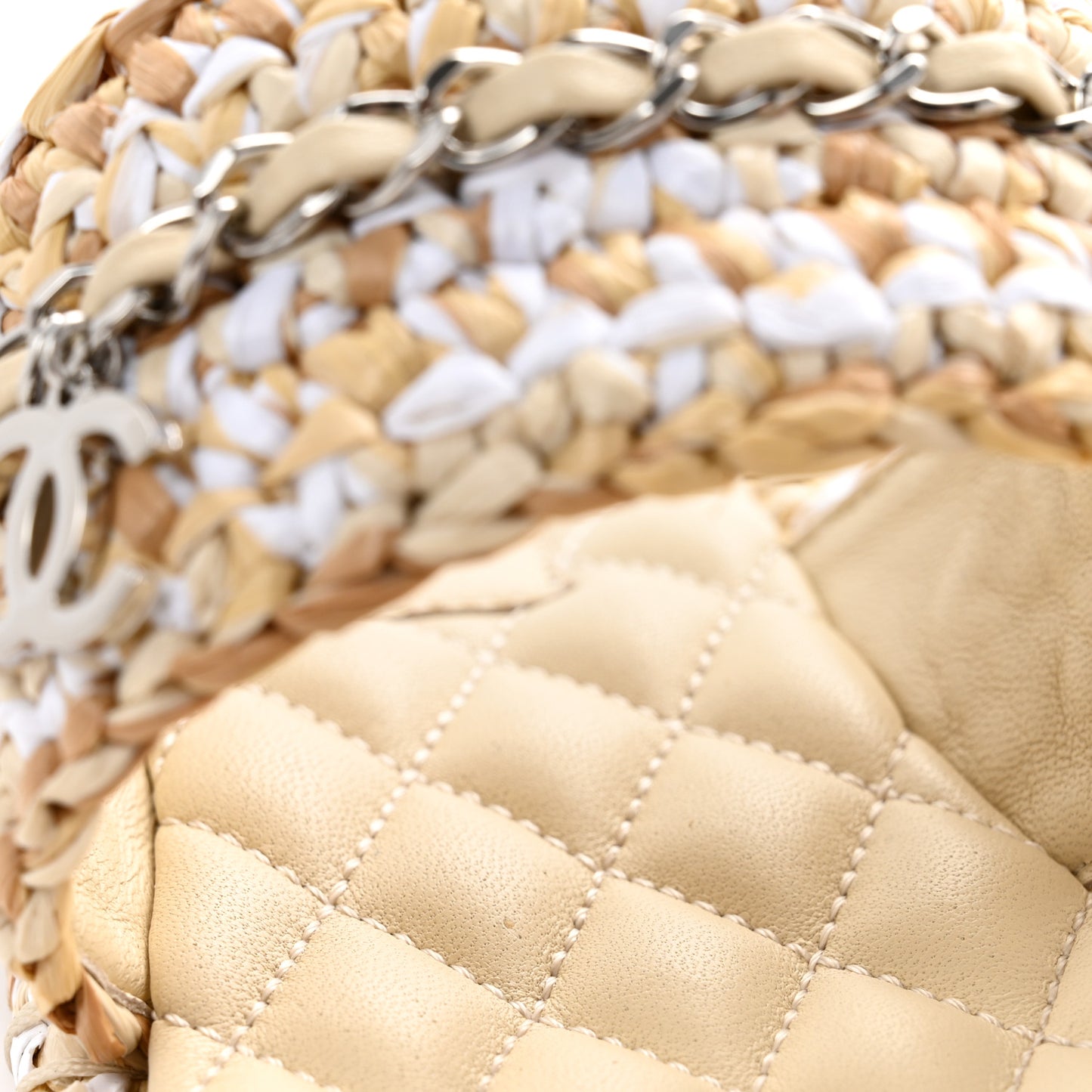 Raffia Lambskin Woven Chain CC Toe Ring Sandals 37 Beige White