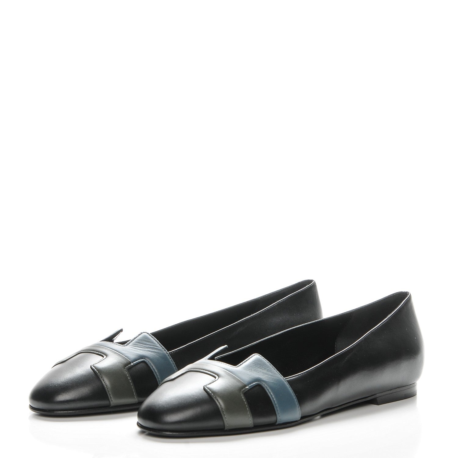 Hermes Box Calfskin Nice Ballerina Flats 38 Black Bleu Ardoise Cedre 2 of 8