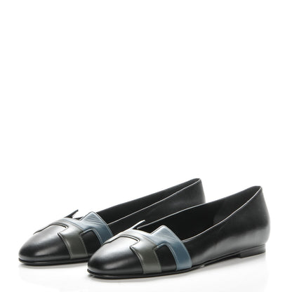 Hermes Box Calfskin Nice Ballerina Flats 38 Black Bleu Ardoise Cedre 2 of 8