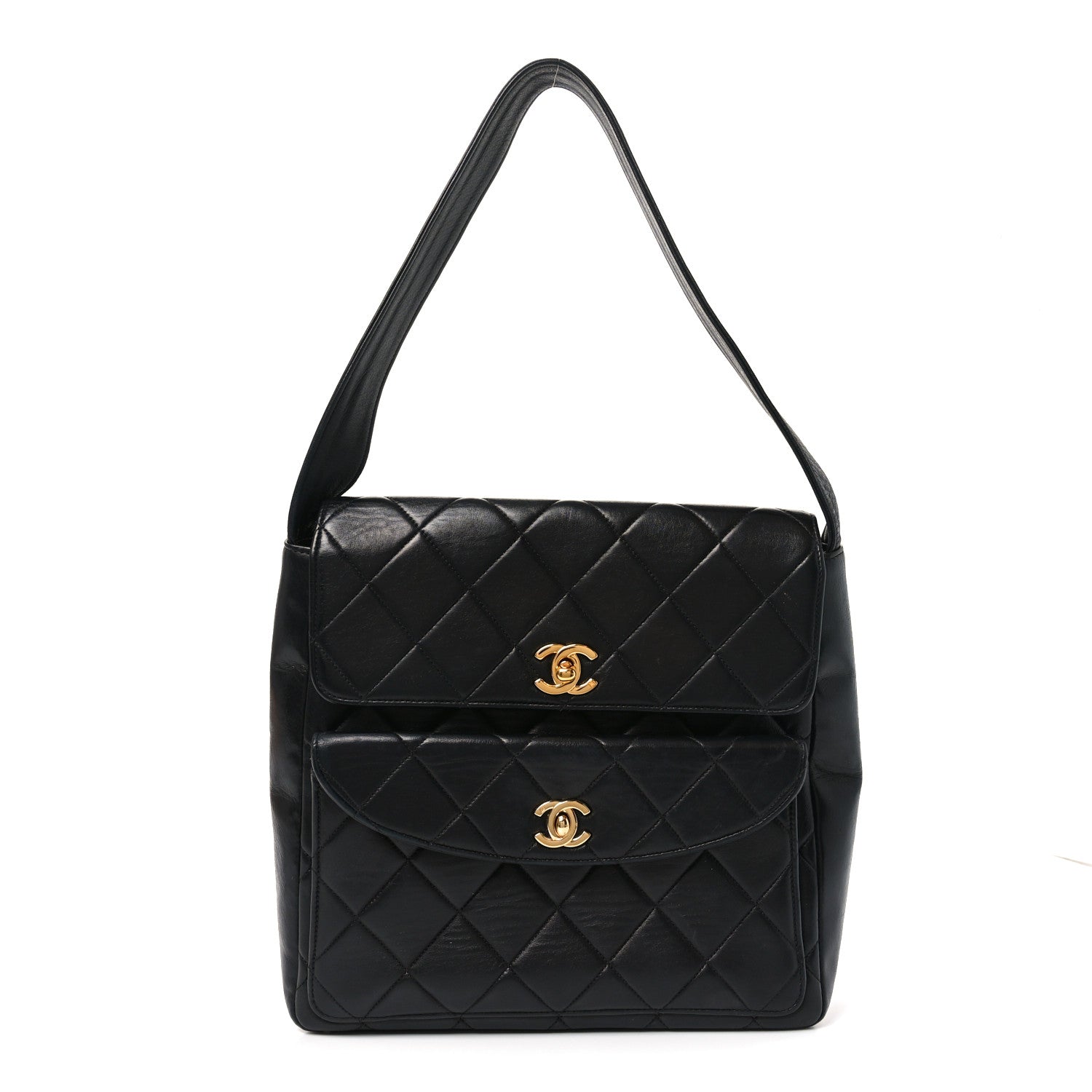 Chanel Lambskin Quilted Double Pocket Shoulder Bag Black 1 of 10