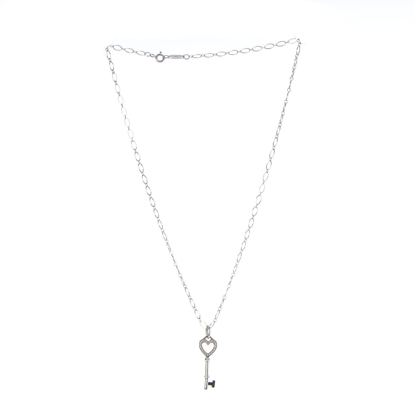 18K White Gold Diamond Mini Heart Key Charm Pendant Link Necklace