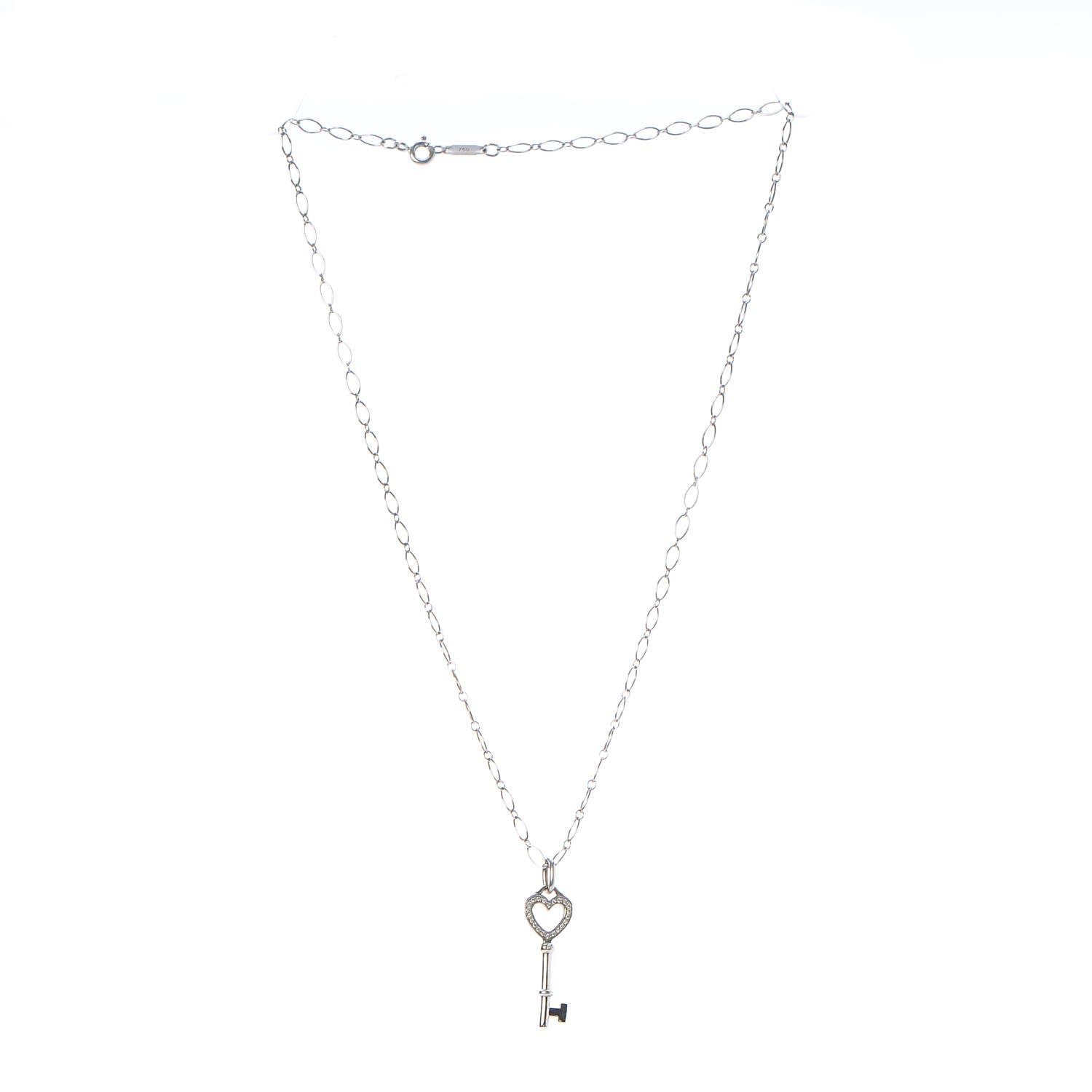 Tiffany 18K White Gold Diamond Mini Heart Key Charm Pendant Link Necklace 3 of 7