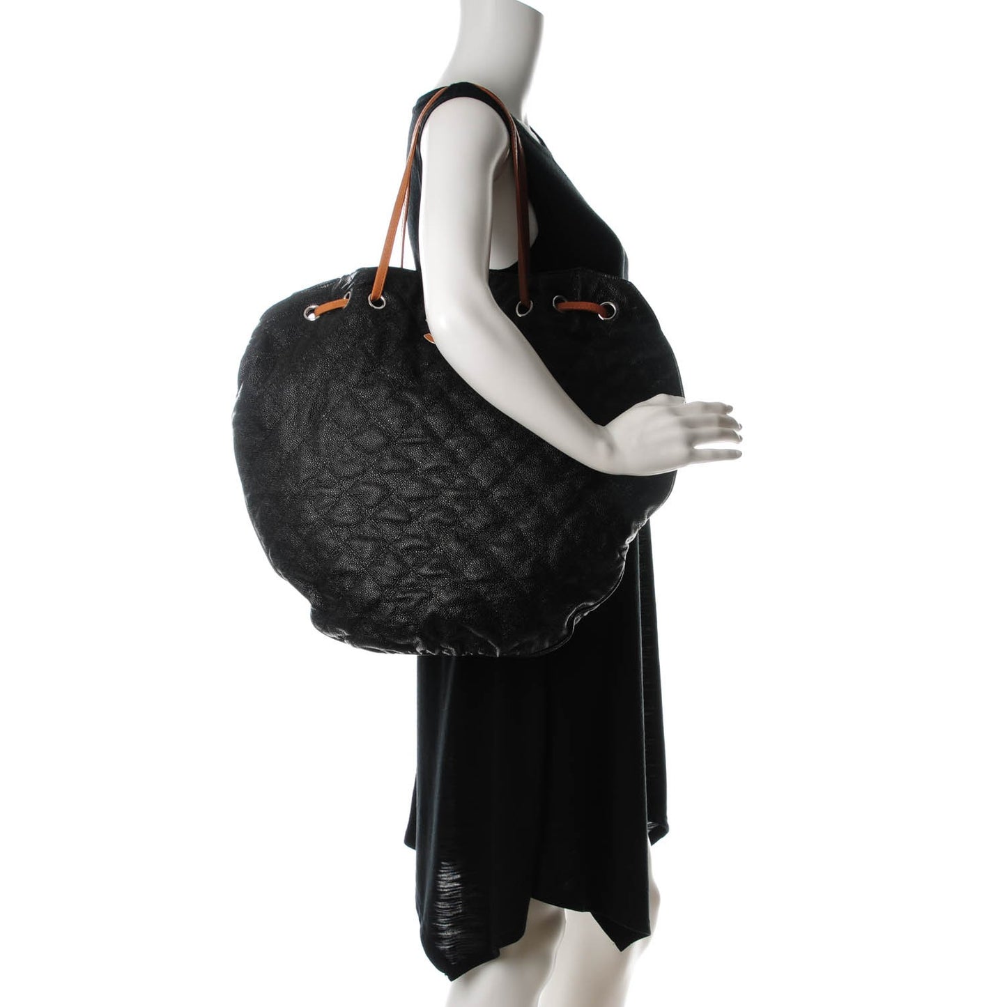 Crumpled Grained Calfskin Drawstring Tote Black