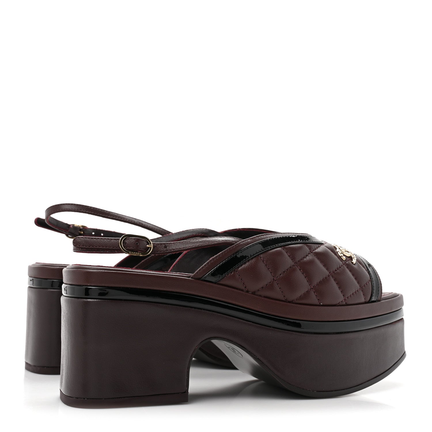 Chanel Lambskin Patent Calfskin Quilted CC Platform Slingback Sandals 36 Burgundy Black 4 of 9
