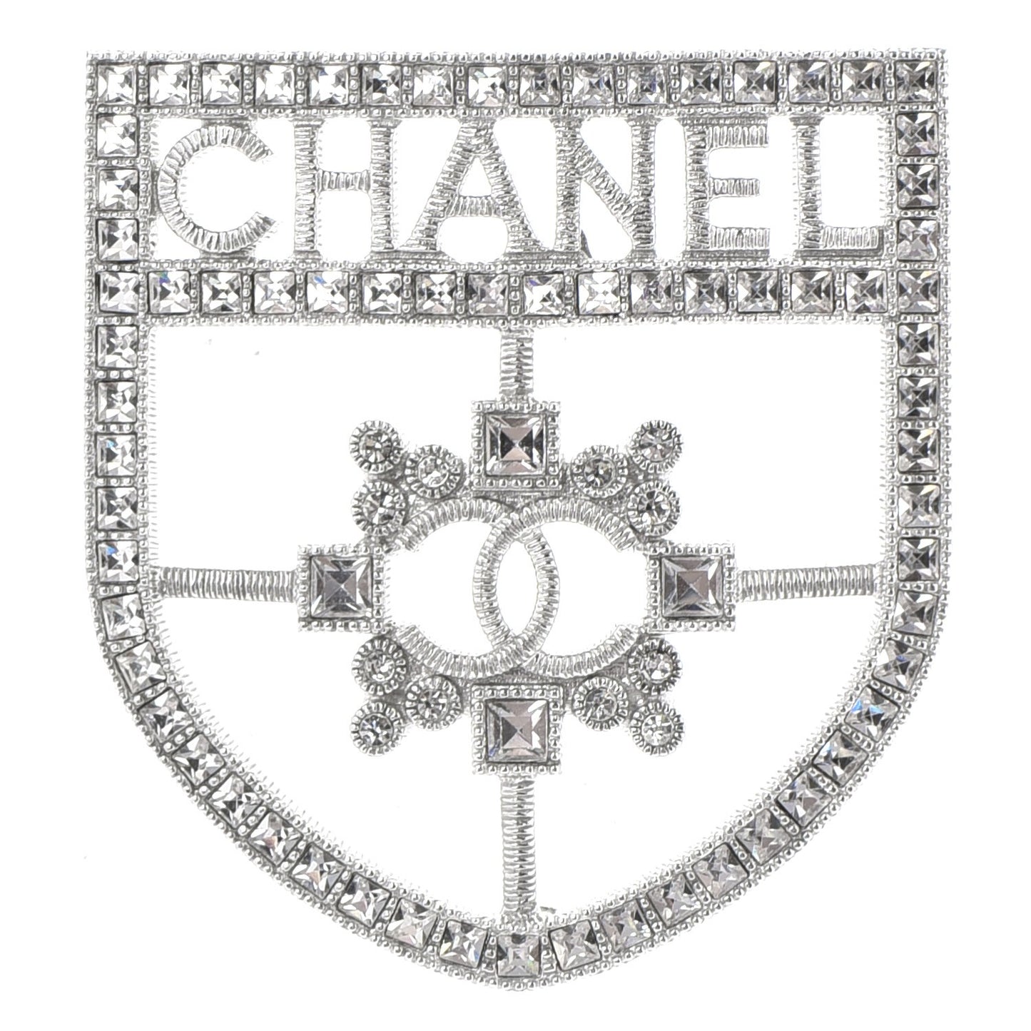 Swarovski Baguette Crystal CC Shield Brooch Silver