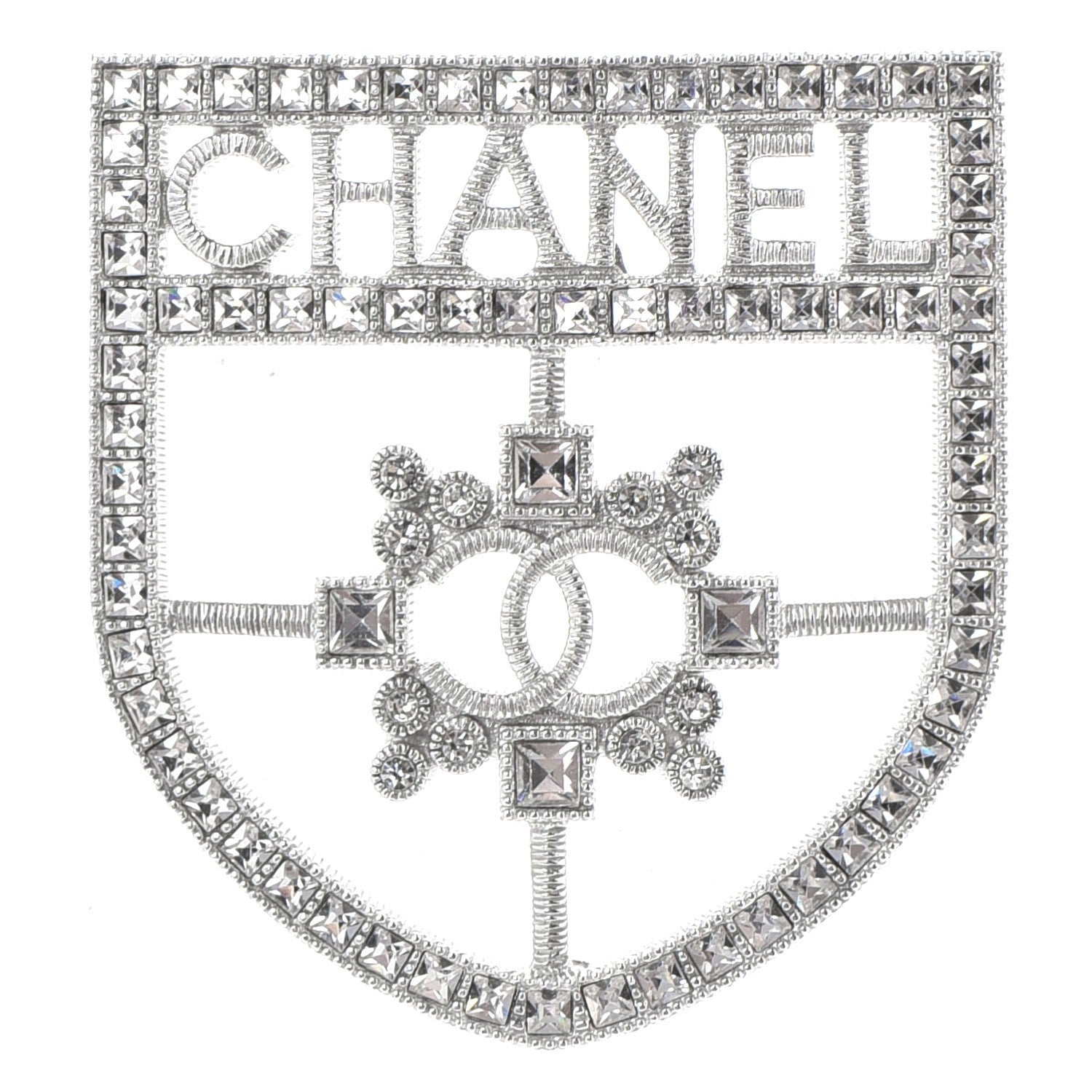 Chanel Swarovski Baguette Crystal CC Shield Brooch Silver 1 of 4