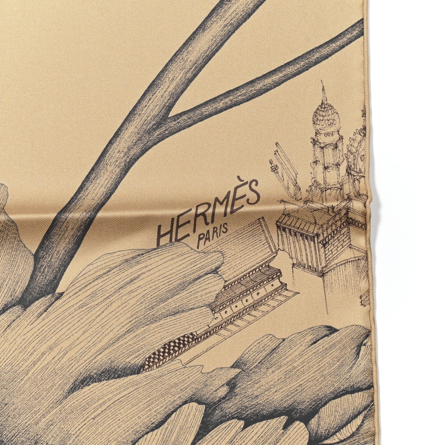 Hermes Silk A L'Ombre Des Pivoines Scarf 90 Beige Dore Marron 2 of 6