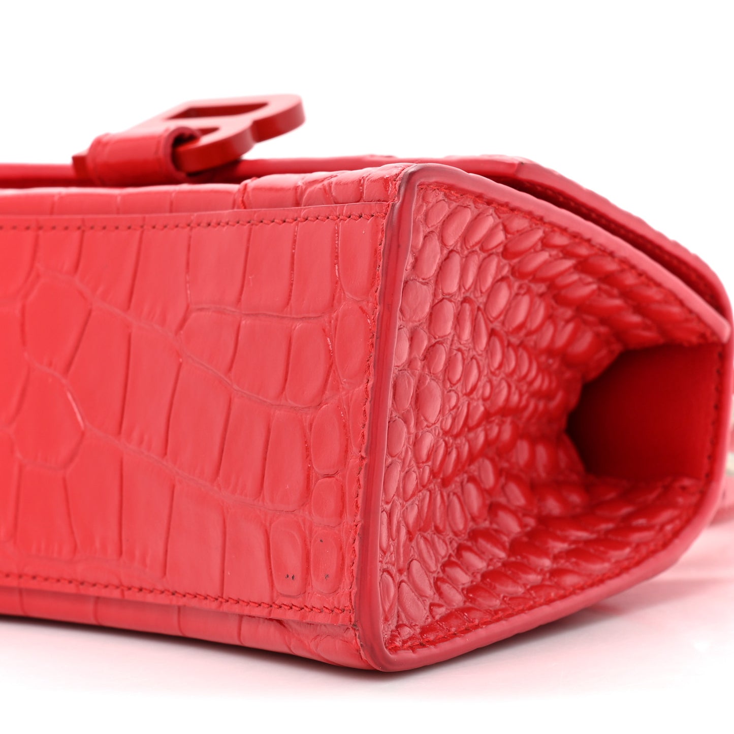 Shiny Calfskin Tonal B Crocodile Embossed Hourglass Top Handle Bag XS Bright Red