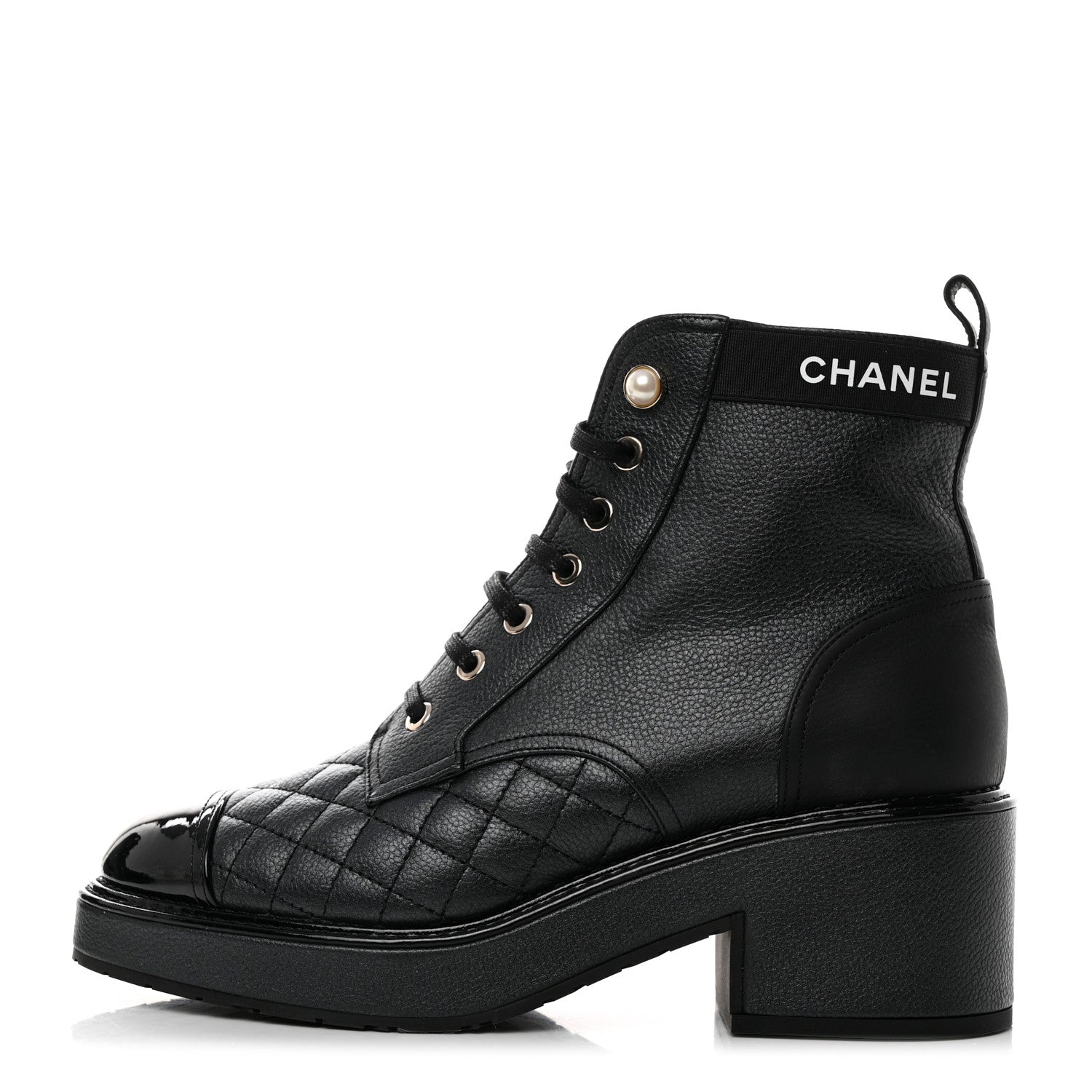 Chanel Pearly Calfskin Patent Calfskin Lace Up Combat Boots 38 Black 38 Black 1 of 9