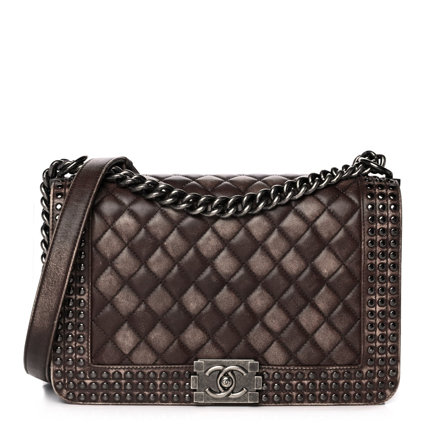 Faded Calfskin Quilted Large Studded Boy Flap Brown Beige
