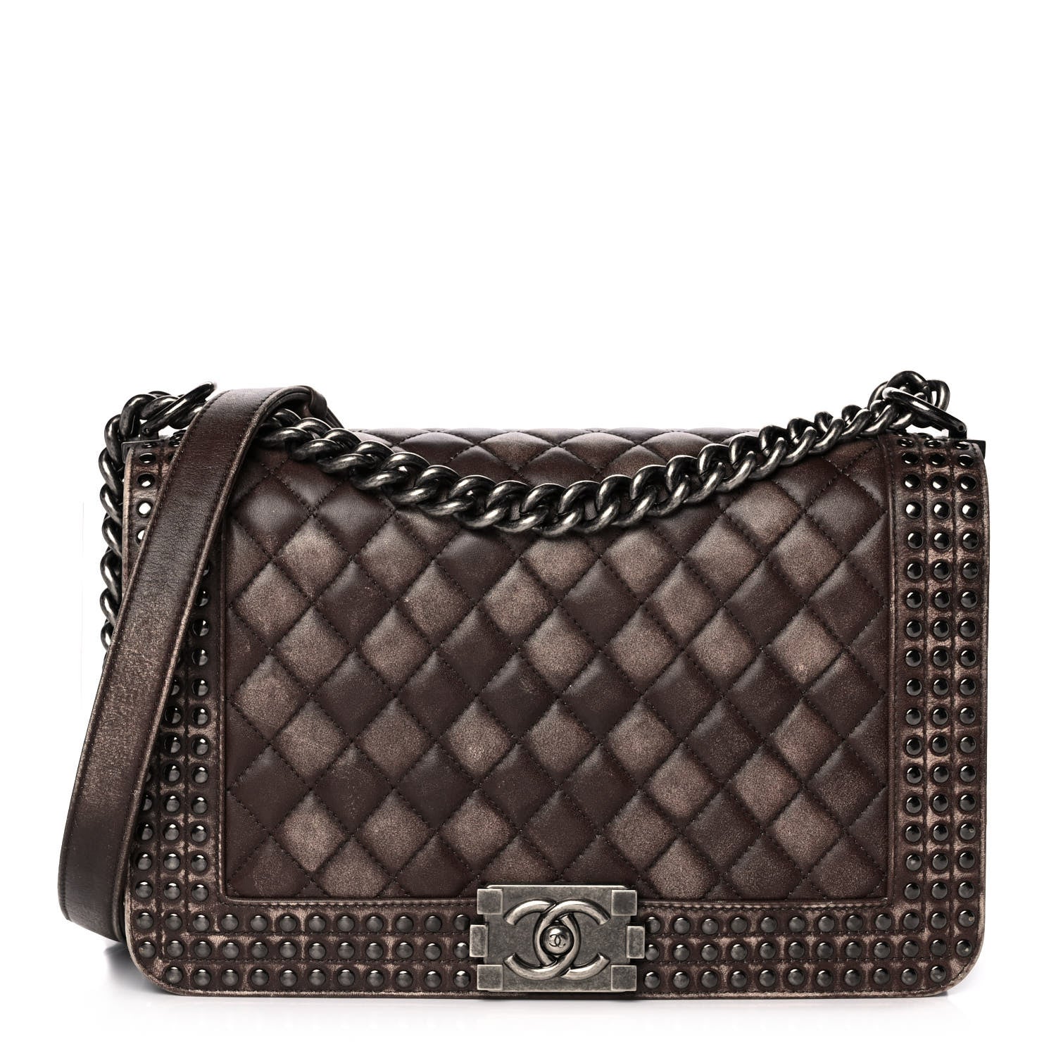 Chanel Faded Calfskin Quilted Large Studded Boy Flap Brown Beige 1 of 16
