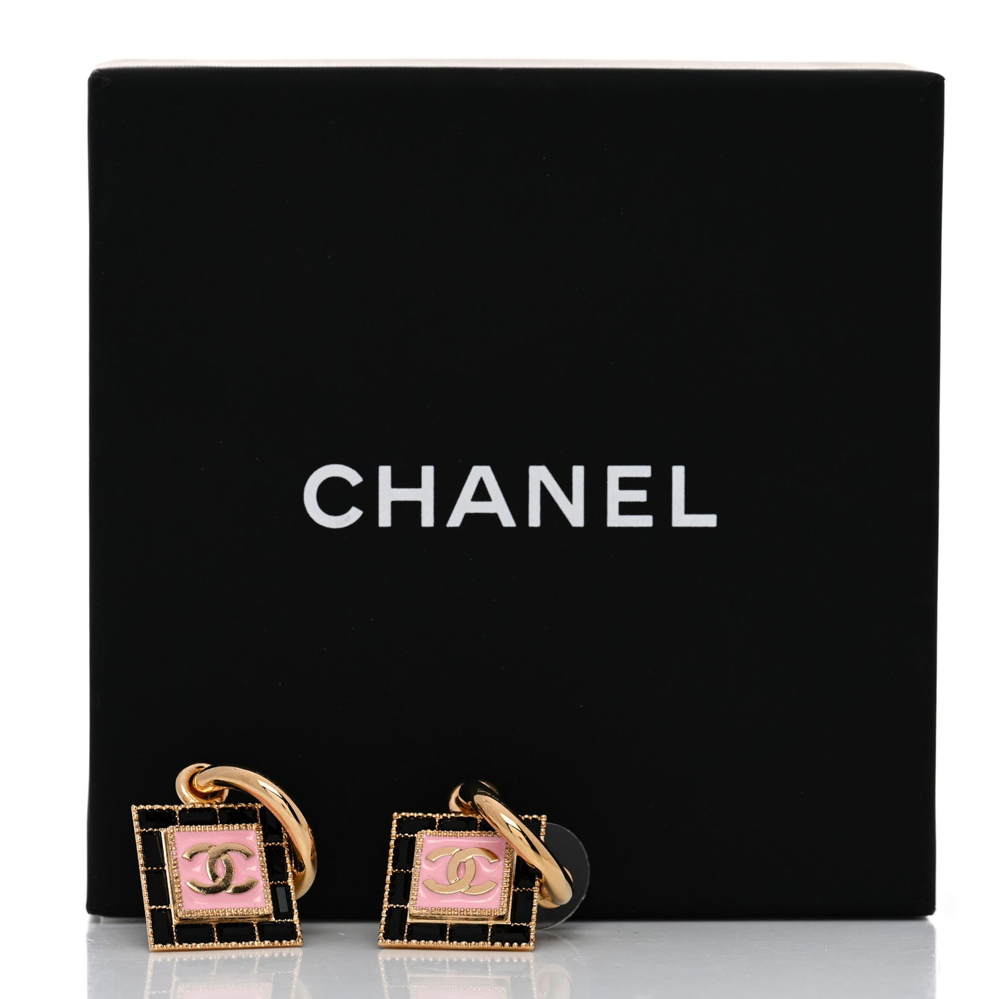 Metal Enamel CC Square Drop Earrings Gold Black Pink