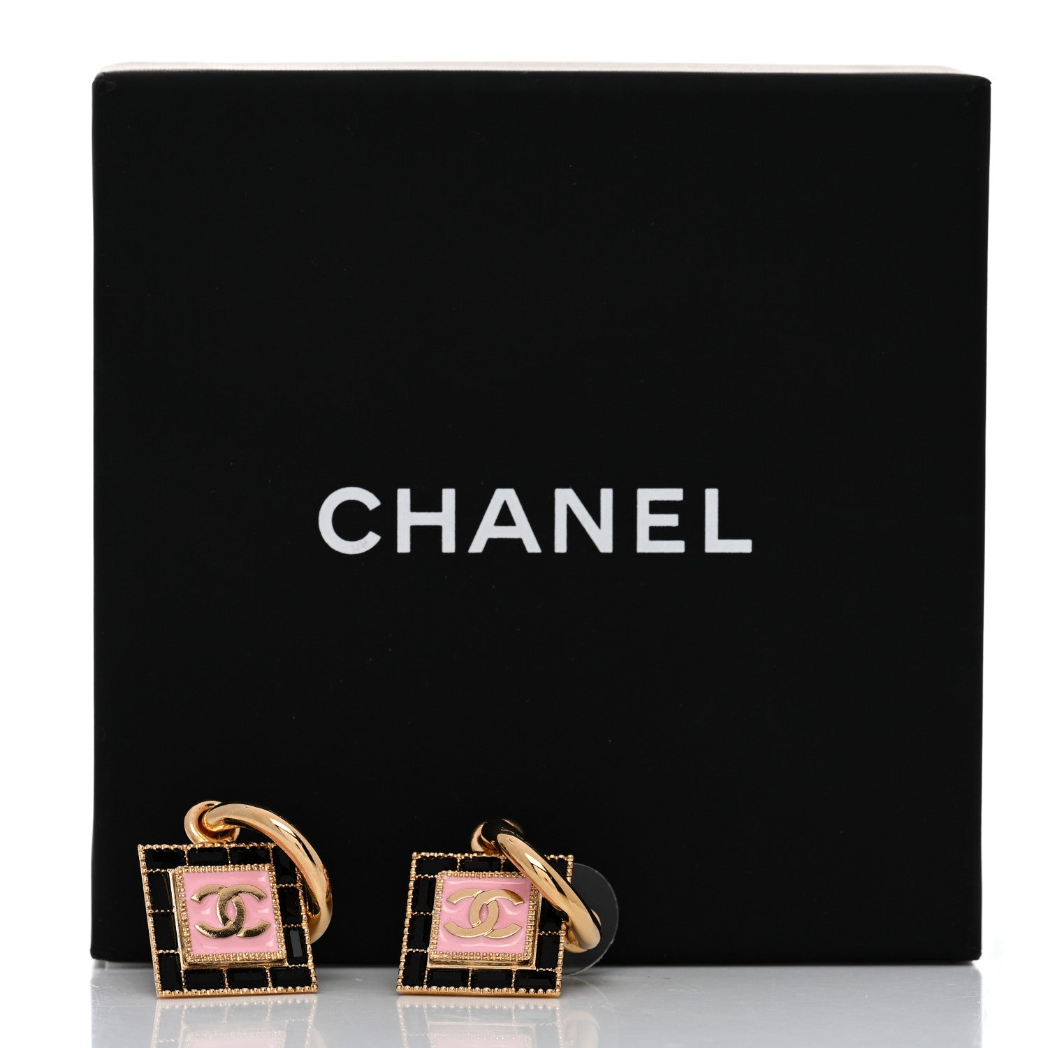Chanel Metal Enamel CC Square Drop Earrings Gold Black Pink 5 of 5