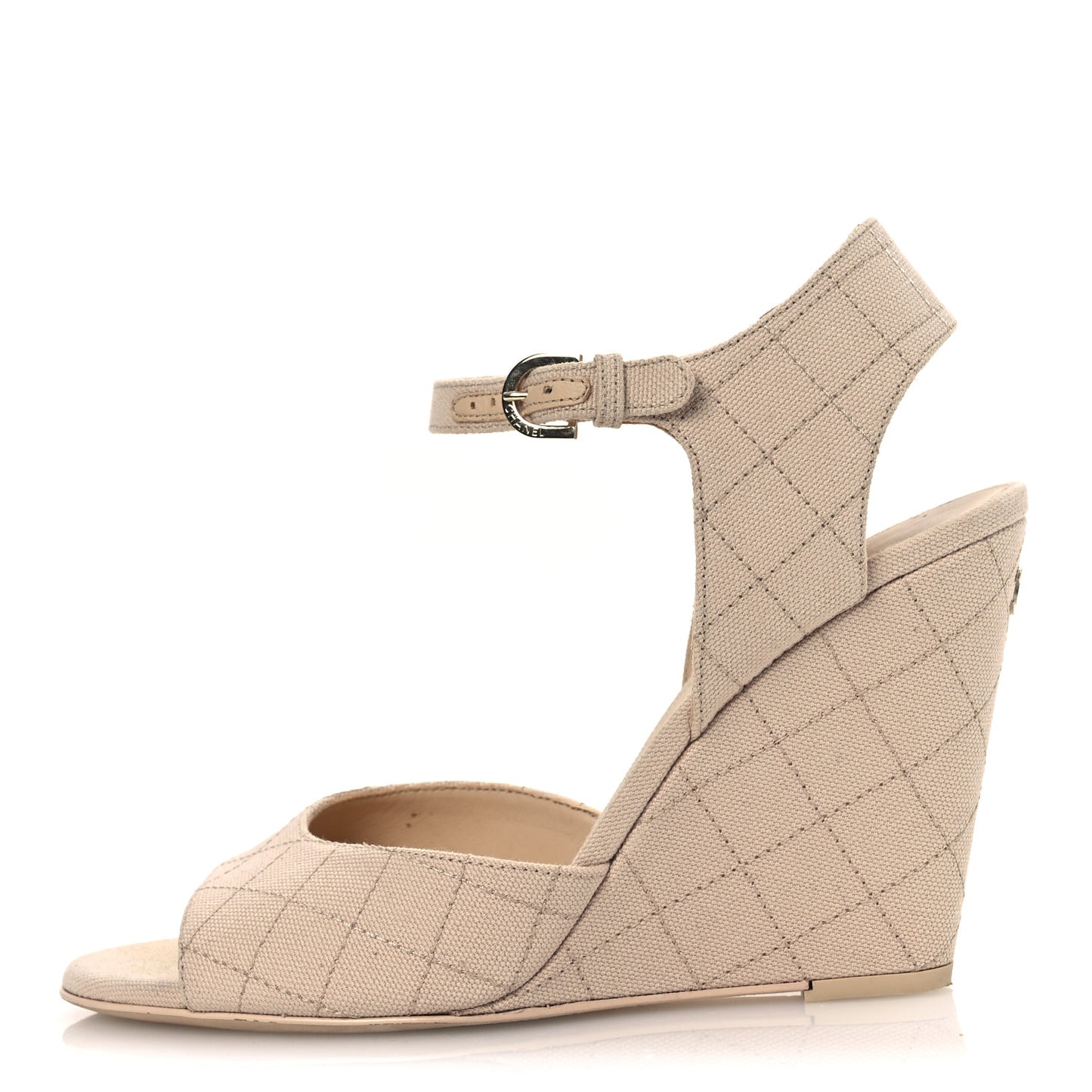 Canvas Quilted Peep Toe Wedge Sandals 39 Beige
