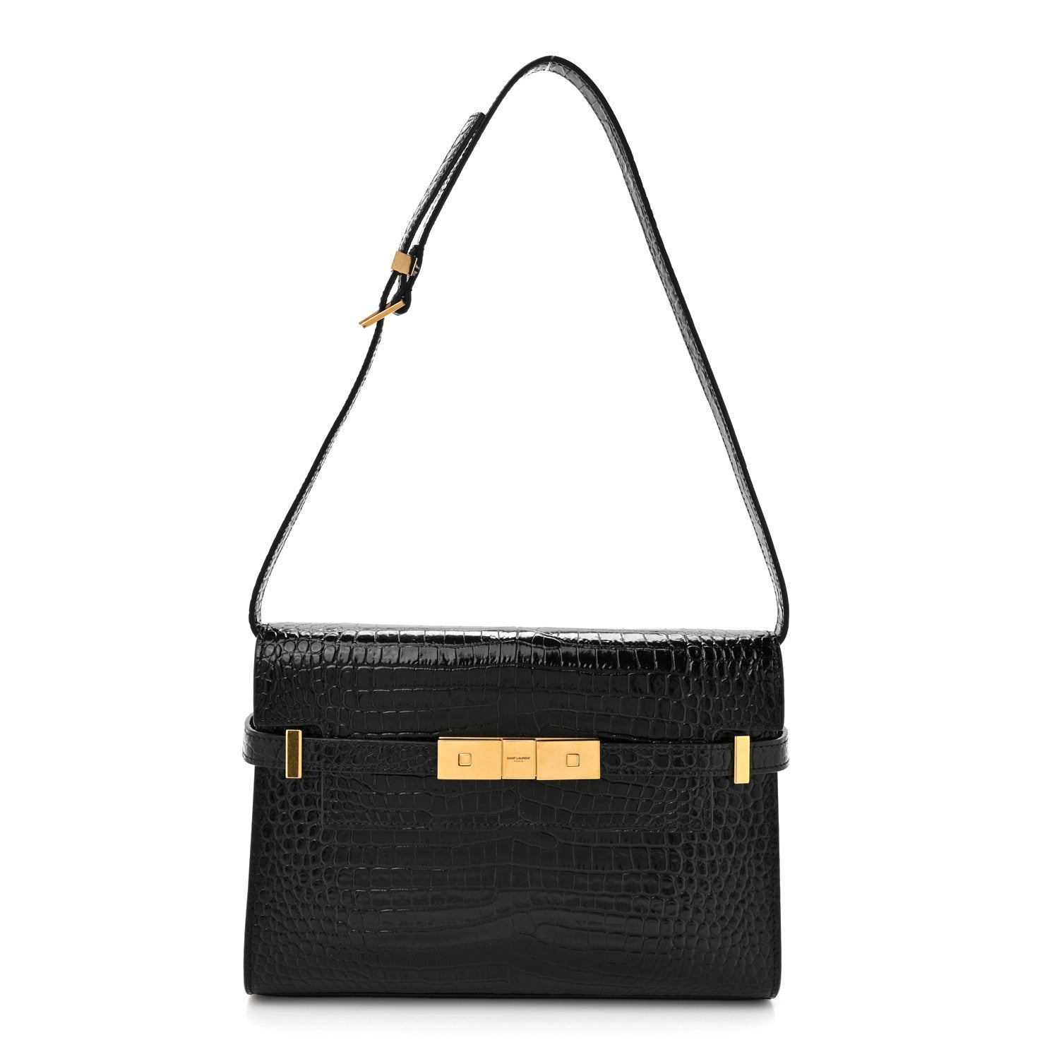 Saint Laurent Shiny Calfskin Crocodile Embossed Small Manhattan Baguette Black 1 of 12