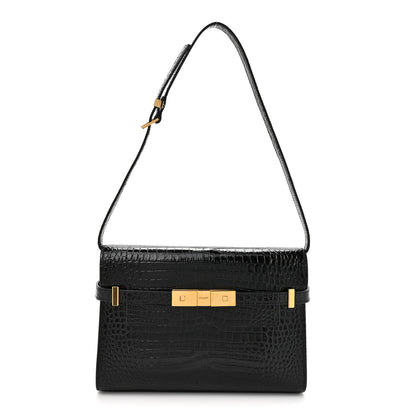 Saint Laurent Shiny Calfskin Crocodile Embossed Small Manhattan Baguette Black 1 of 12