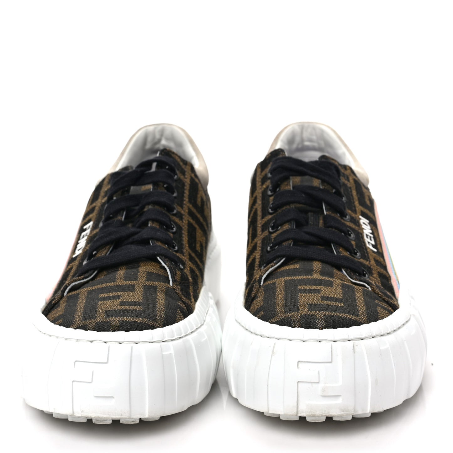 Fabric Jacquard FF Rainbow Womens Fendi Force Low-Top Sneakers 37 Tobacco Black White Multicolor