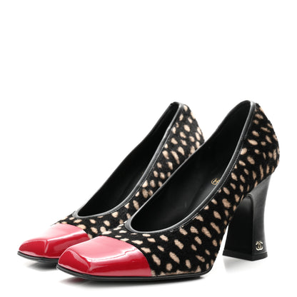 Chanel Pony Hair Lambskin Patent Cap Toe Pumps 38 Black White Dark Red 4 of 9