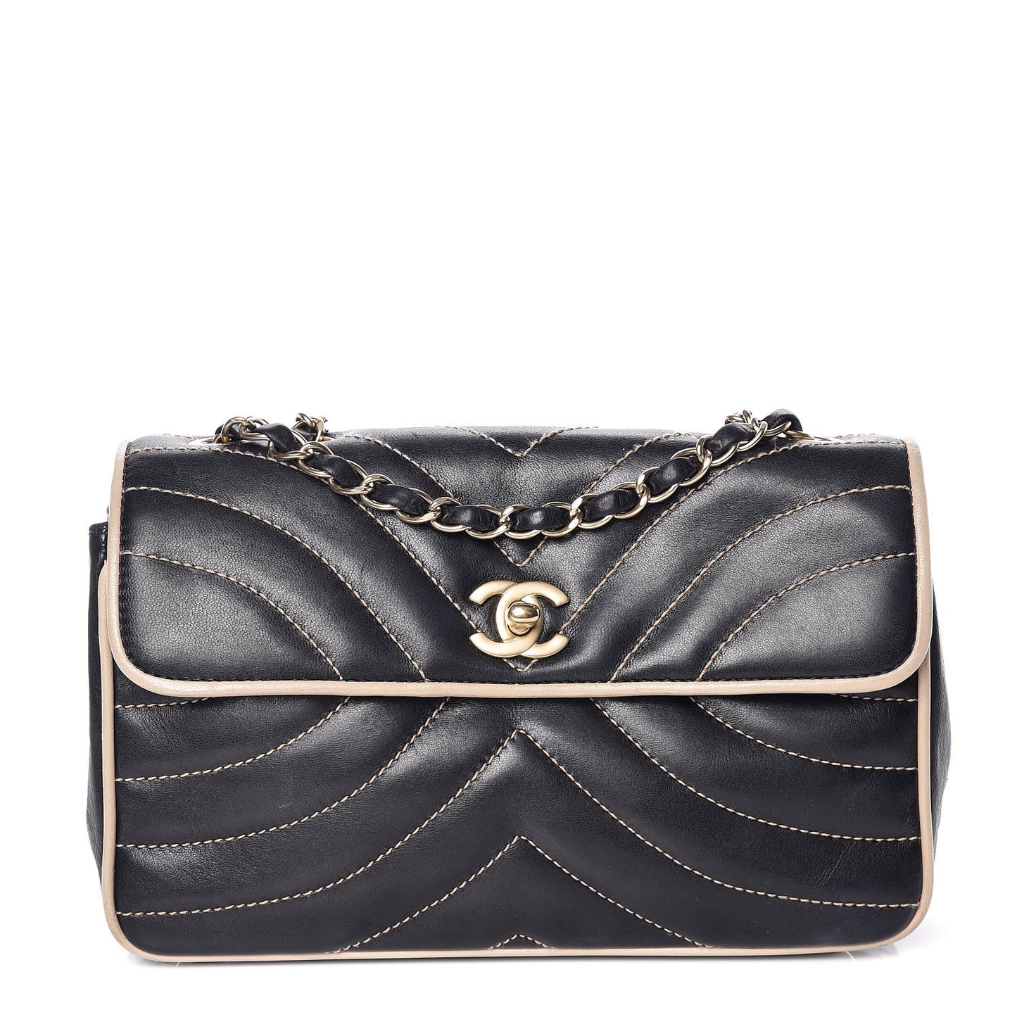 Lambskin Chevron Small Single Flap Bag Black Beige