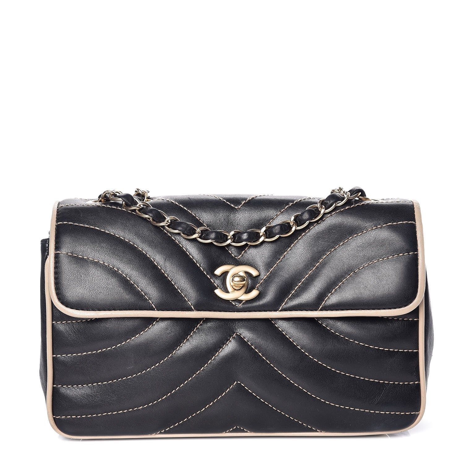 Chanel Lambskin Chevron Small Single Flap Bag Black Beige 1 of 13