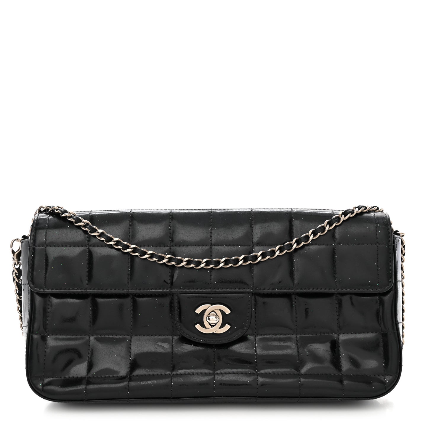 Patent Quilted East West Chocolate Bar Flap Black