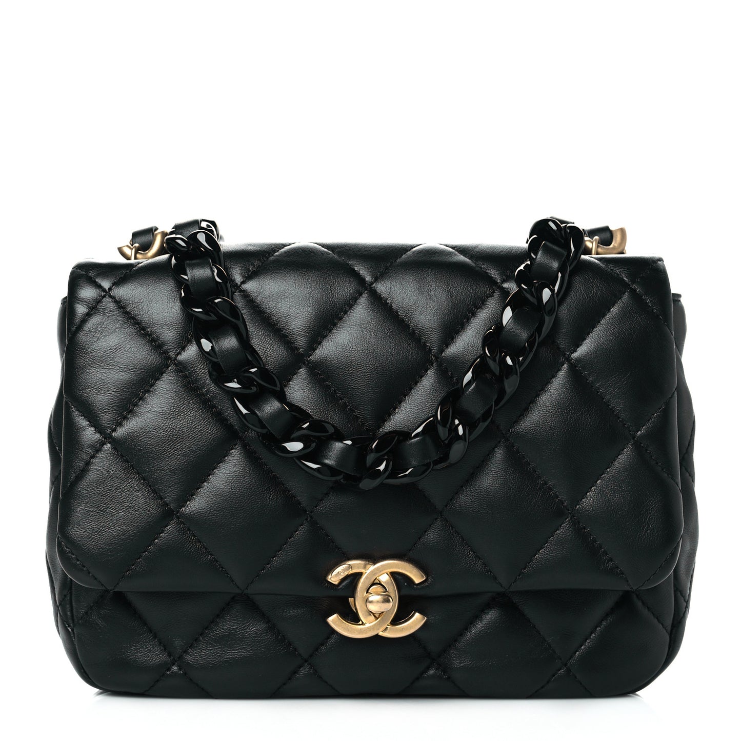 Lambskin Quilted Small Lacquered Chain Flap Black