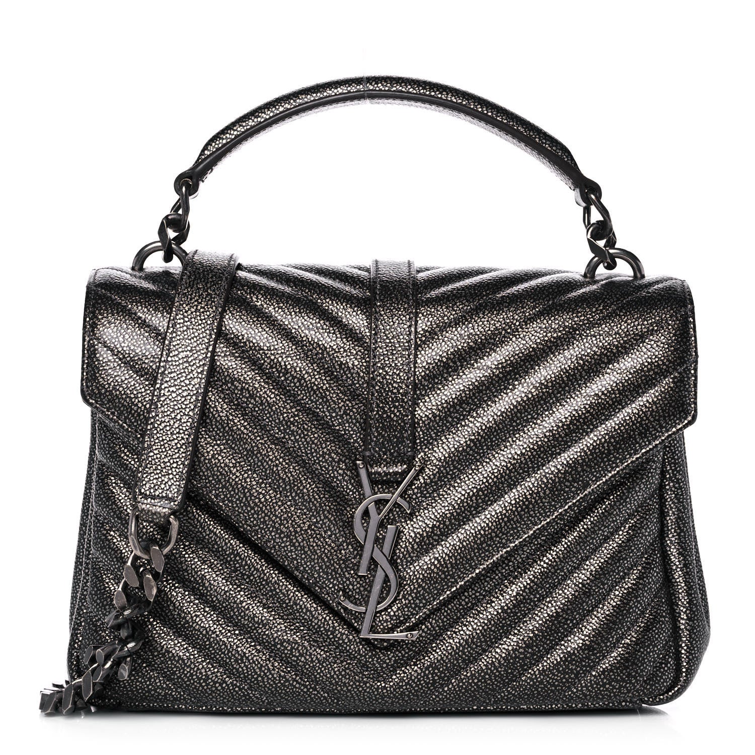 Saint Laurent Metallic Grain De Poudre Matelasse Chevron Monogram Medium College Bag Gunmetal 1 of 12