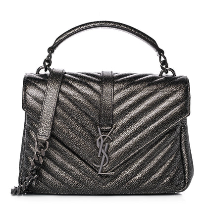 Saint Laurent Metallic Grain De Poudre Matelasse Chevron Monogram Medium College Bag Gunmetal 1 of 12