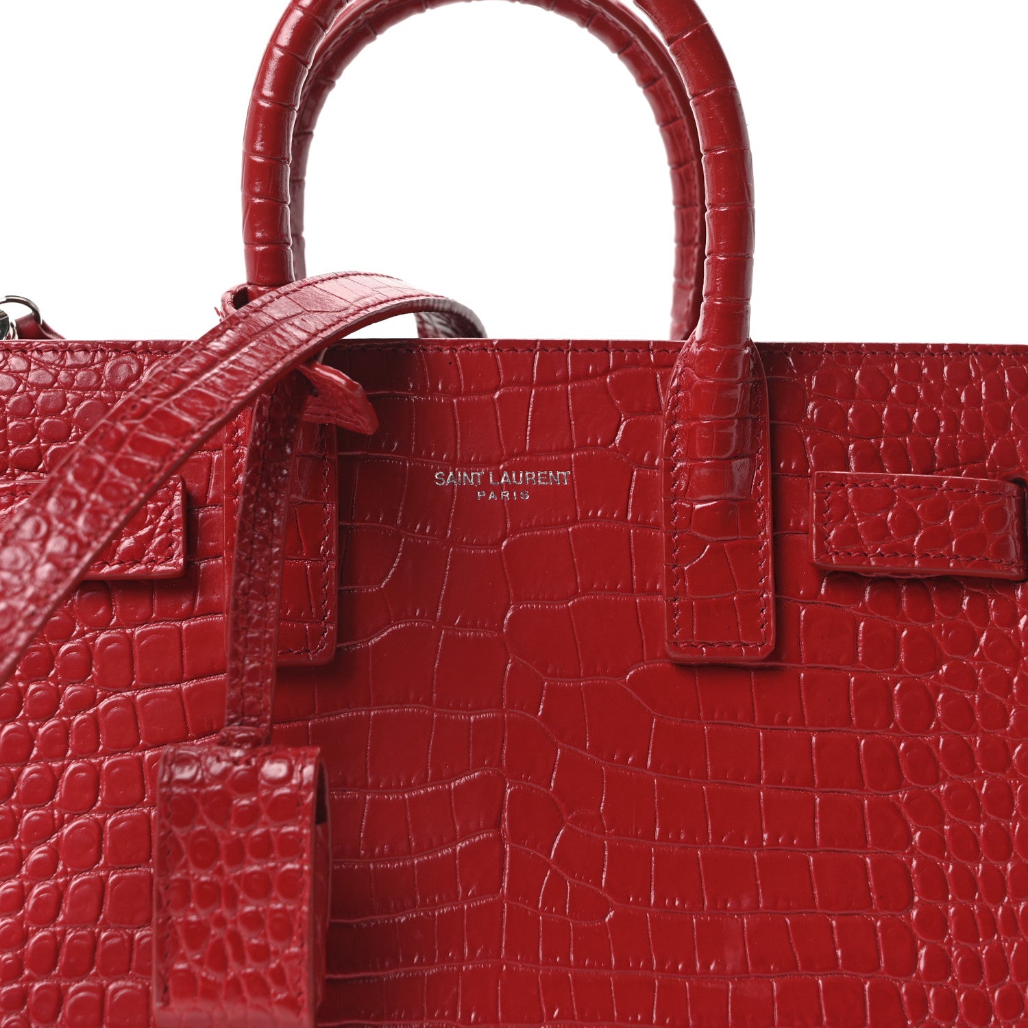 Saint Laurent Calfskin Crocodile Embossed Nano Sac De Jour Red