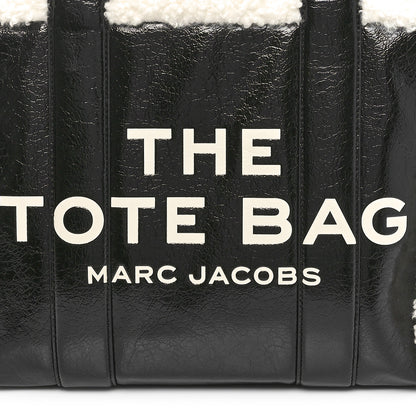 Marc Jacobs Shiny Calfskin Faux Shearling Large The Traveler Tote Bag Black 7 of 9