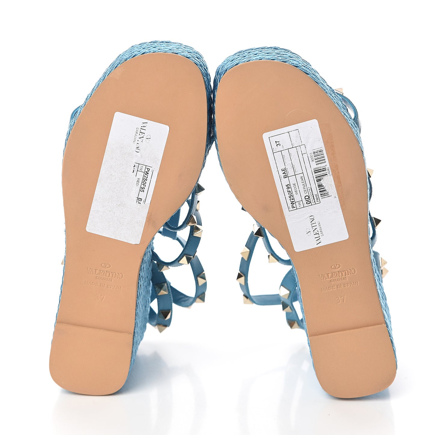 Calfskin Rockstud Ankle Strap Torchon Espadrille Caged 25/90mm Wedge Sandals 37 Cerulean