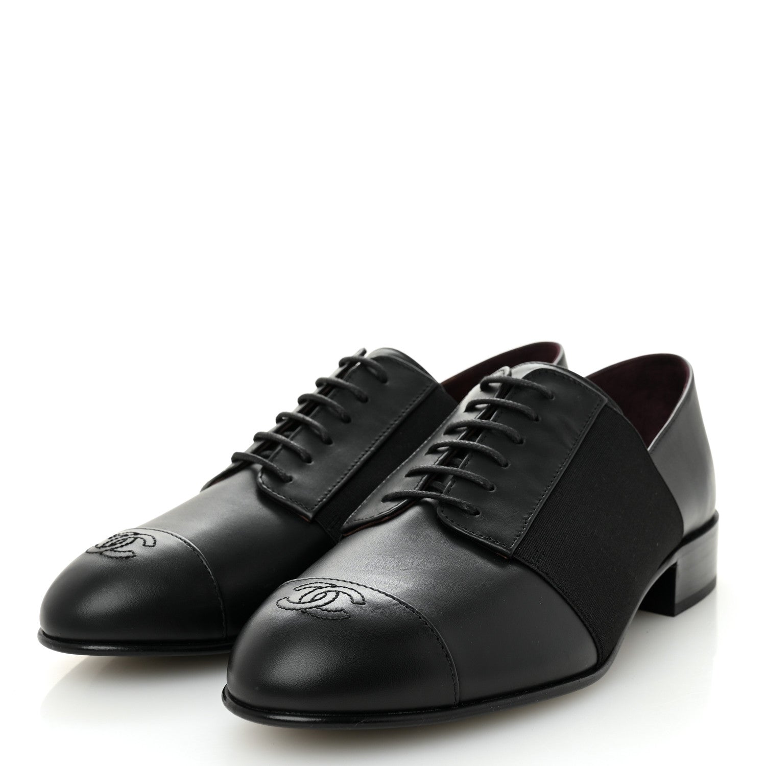 Chanel Calfskin Elastic Lace Up Cap Toe CC Loafers 38 Black 3 of 11