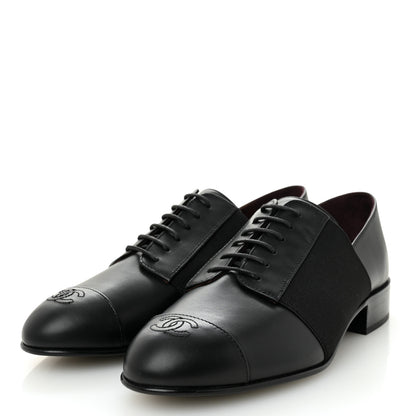Chanel Calfskin Elastic Lace Up Cap Toe CC Loafers 38 Black 3 of 11