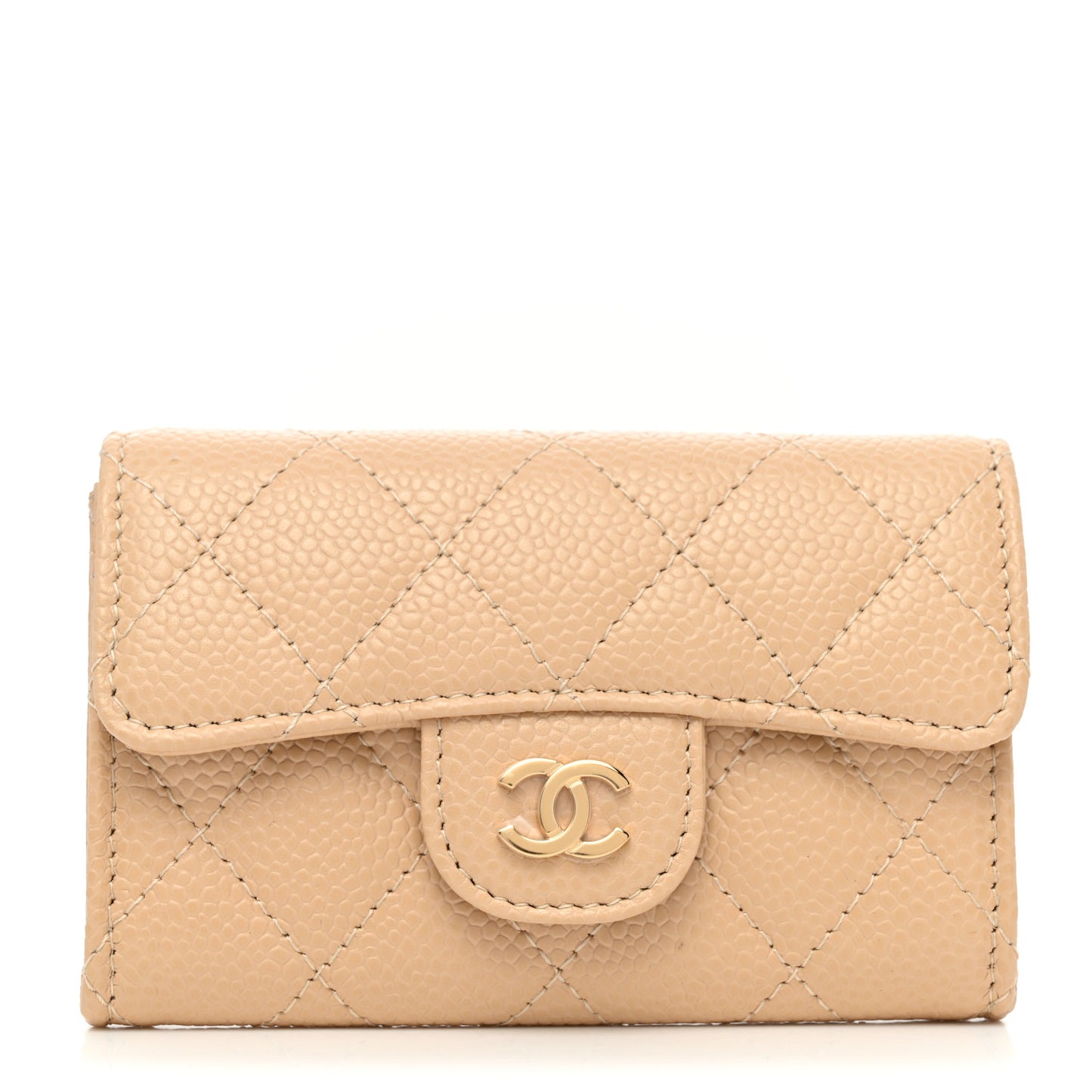 Caviar Quilted Flap Card Holder Wallet Beige