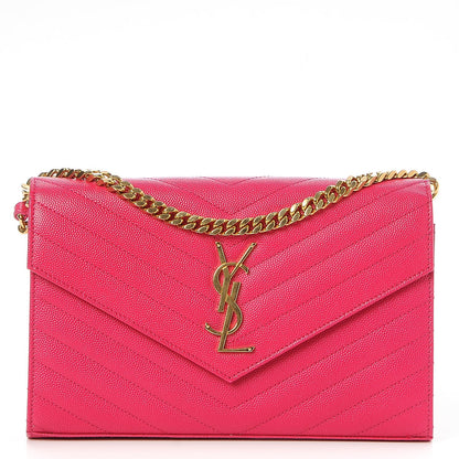 Saint Laurent Grain De Poudre Matelasse Chevron Monogram Chain Wallet Lipstick Fuchsia 1 of 7