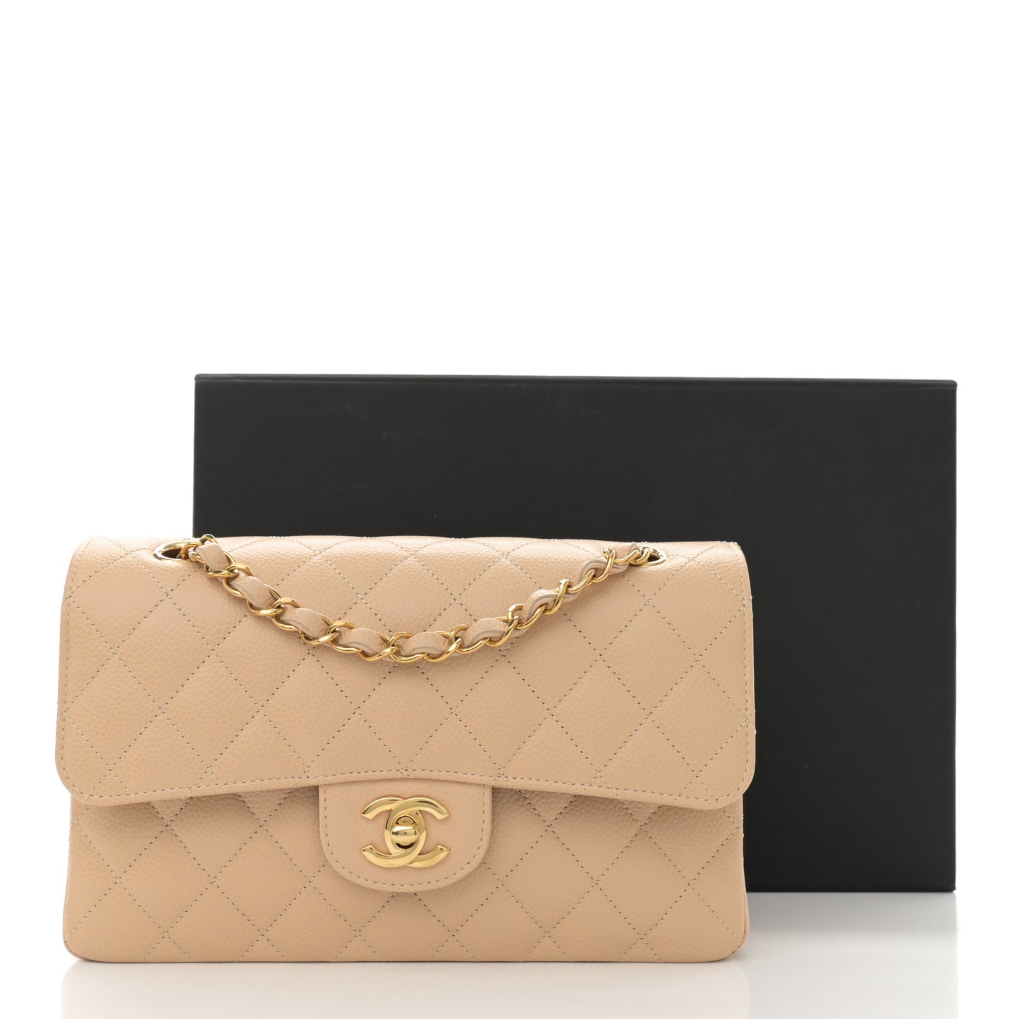 Caviar Quilted Small Double Flap Beige