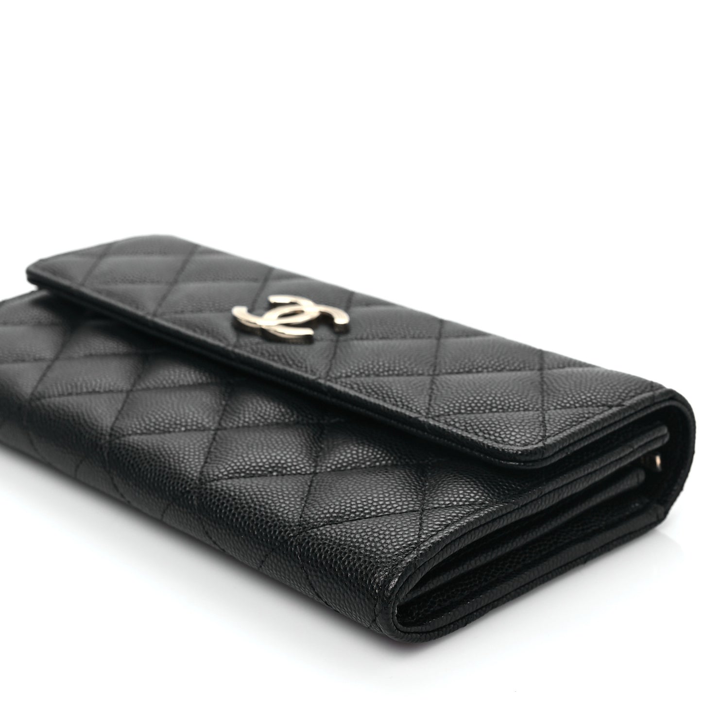 Caviar Quilted CC Large Gusset Flap Wallet Black
